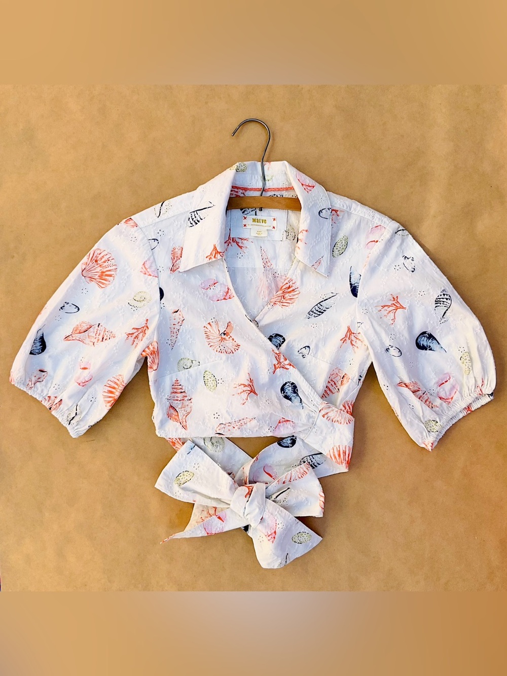 Anthro β Maeve Puff Sleeve Cotton Eyelet Wrap Crop Top White Seashell XS Petite - Picture 6 of 16